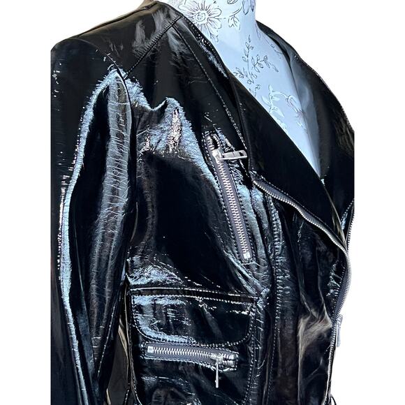 New LA Coalition Black Vegan Patent Leather Motorcycle Jacket Size Small - Picture 7 of 11